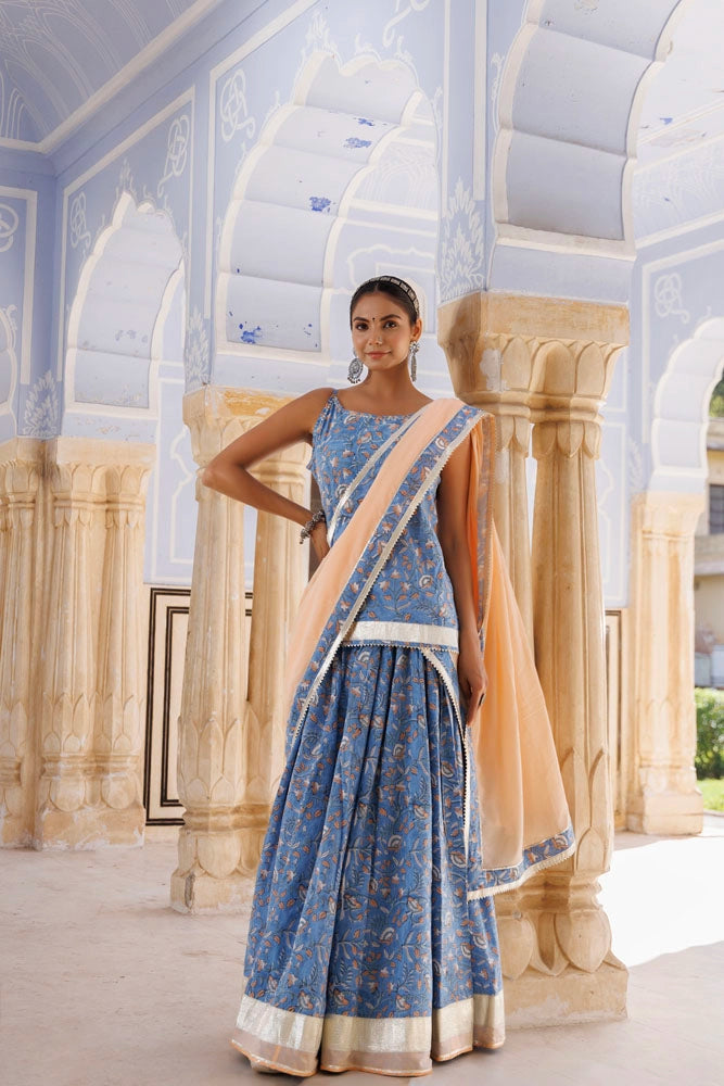 Light Blue-Peach Handcrafted Block Printed Cotton Skirt Set