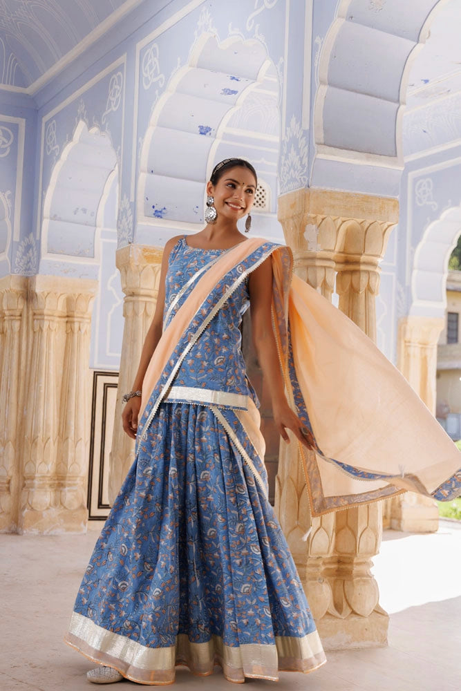 Light Blue-Peach Handcrafted Block Printed Cotton Skirt Set