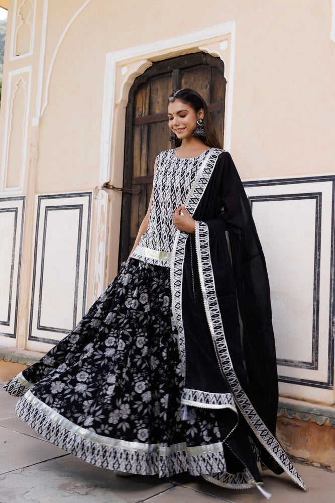 Black-White Handcrafted Block Printed Cotton Skirt Set