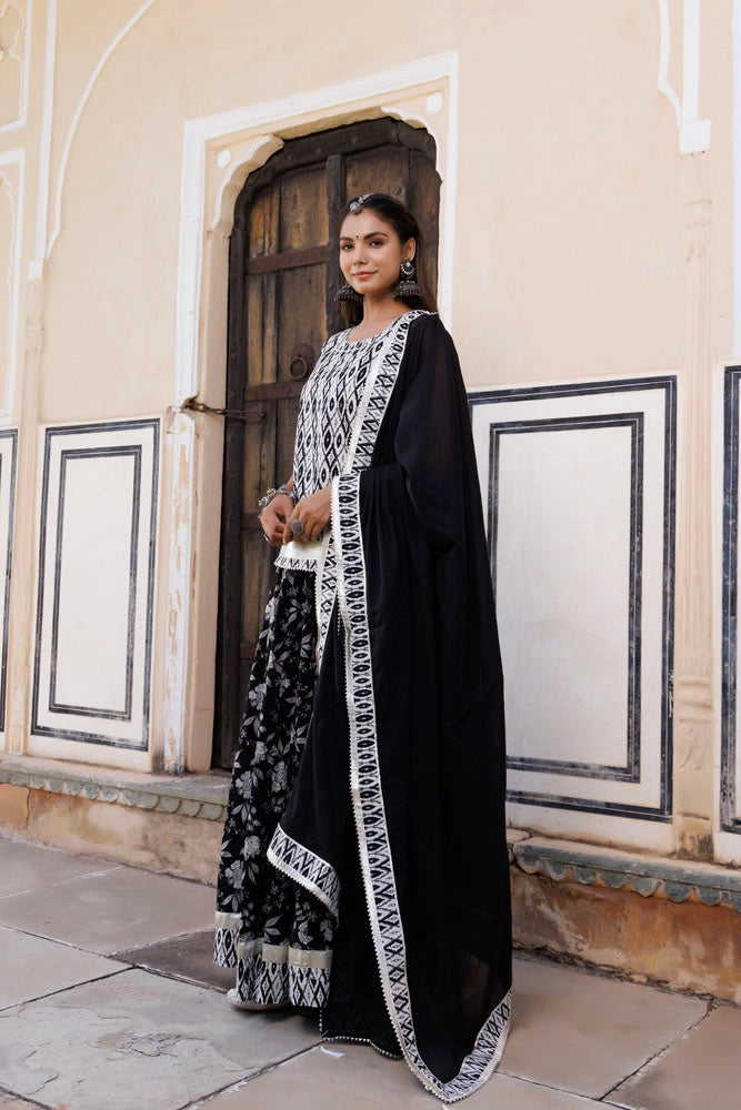 Black-White Handcrafted Block Printed Cotton Skirt Set