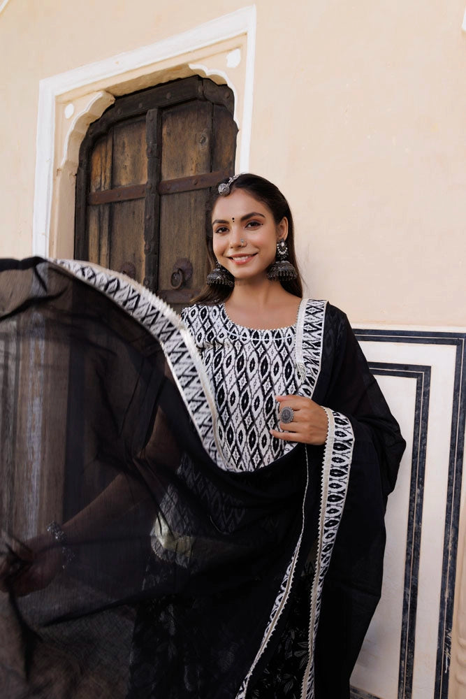 Black-White Handcrafted Block Printed Cotton Skirt Set
