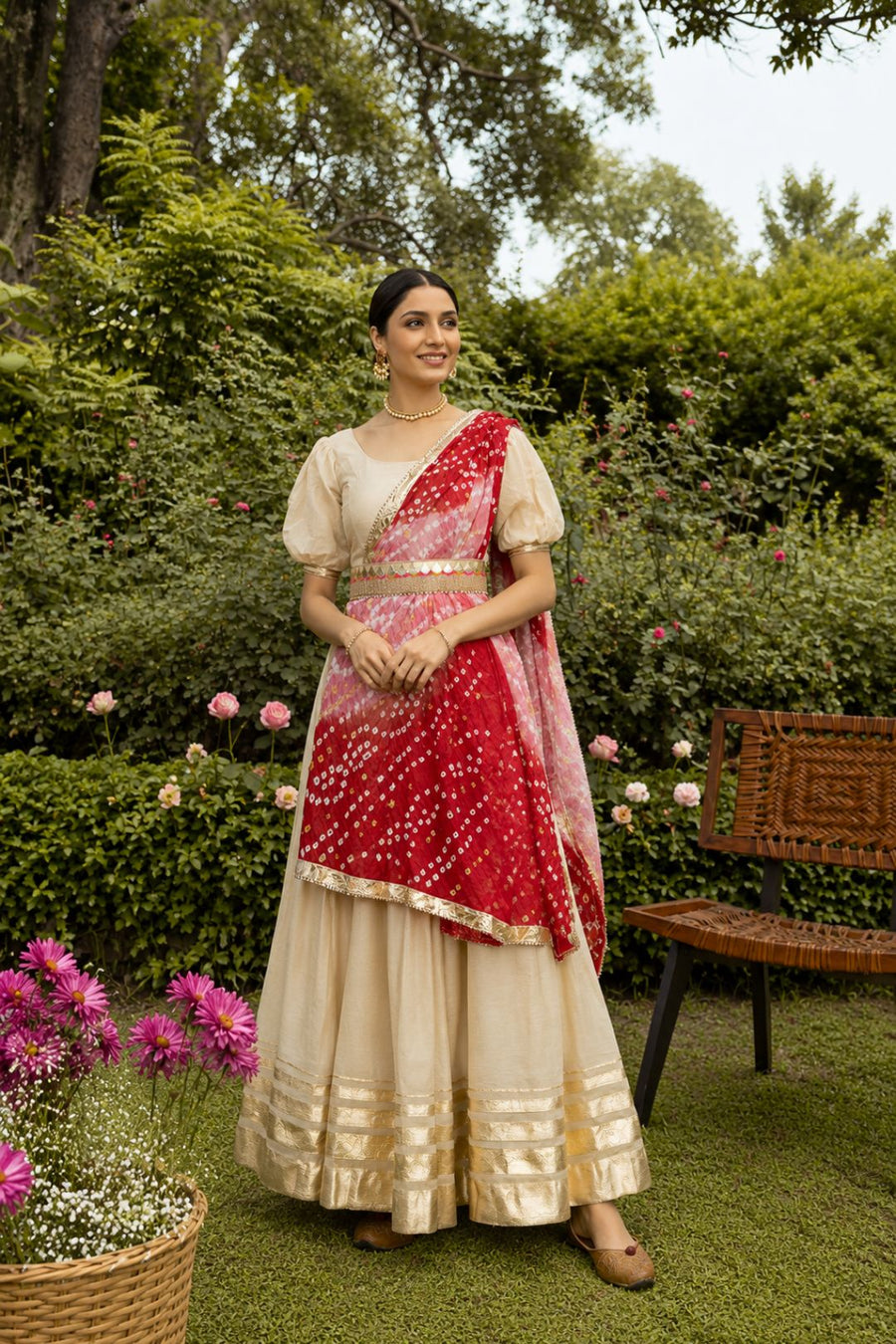 Off White  Handcrafted Chanderi Lehenga Set With Gota Work