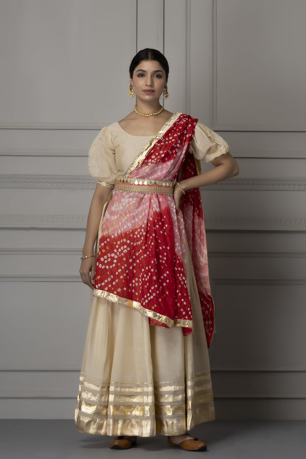 Off White  Handcrafted Chanderi Lehenga Set With Gota Work And Intricate Detailing