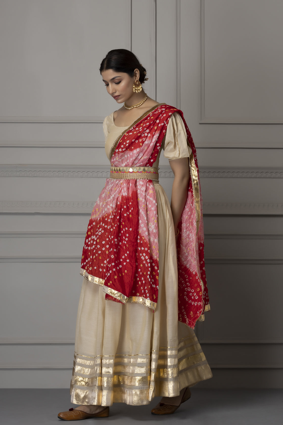 Off White  Handcrafted Chanderi Lehenga Set With Gota Work