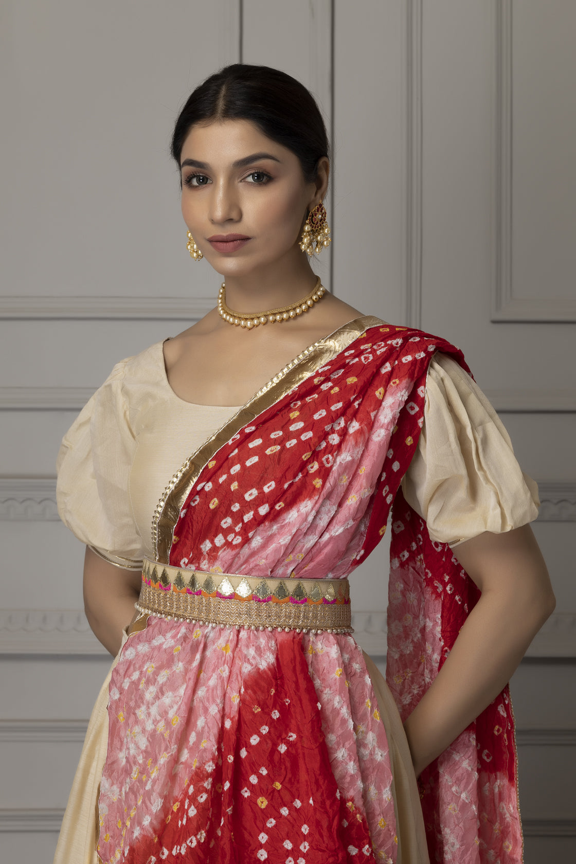 Off White  Handcrafted Chanderi Lehenga Set With Gota Work