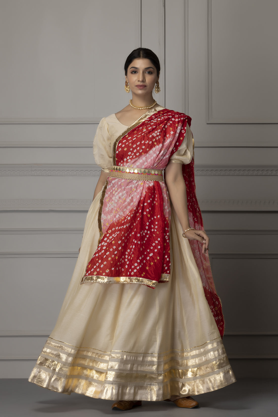 Off White  Handcrafted Chanderi Lehenga Set With Gota Work