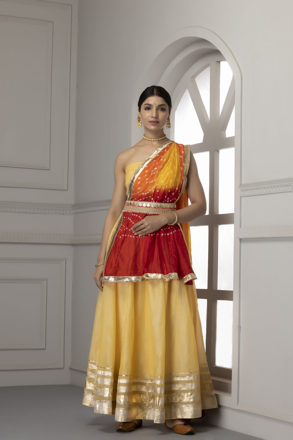 Yellow Handcrafted Chanderi Lehenga Set With Gota Work