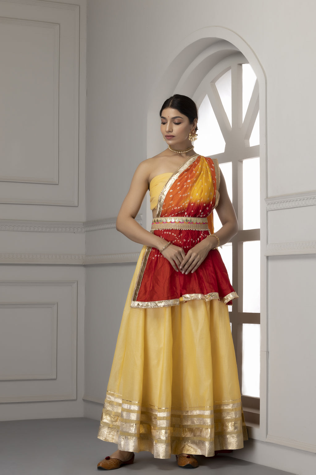 Yellow Handcrafted Chanderi Lehenga Set With Gota Work