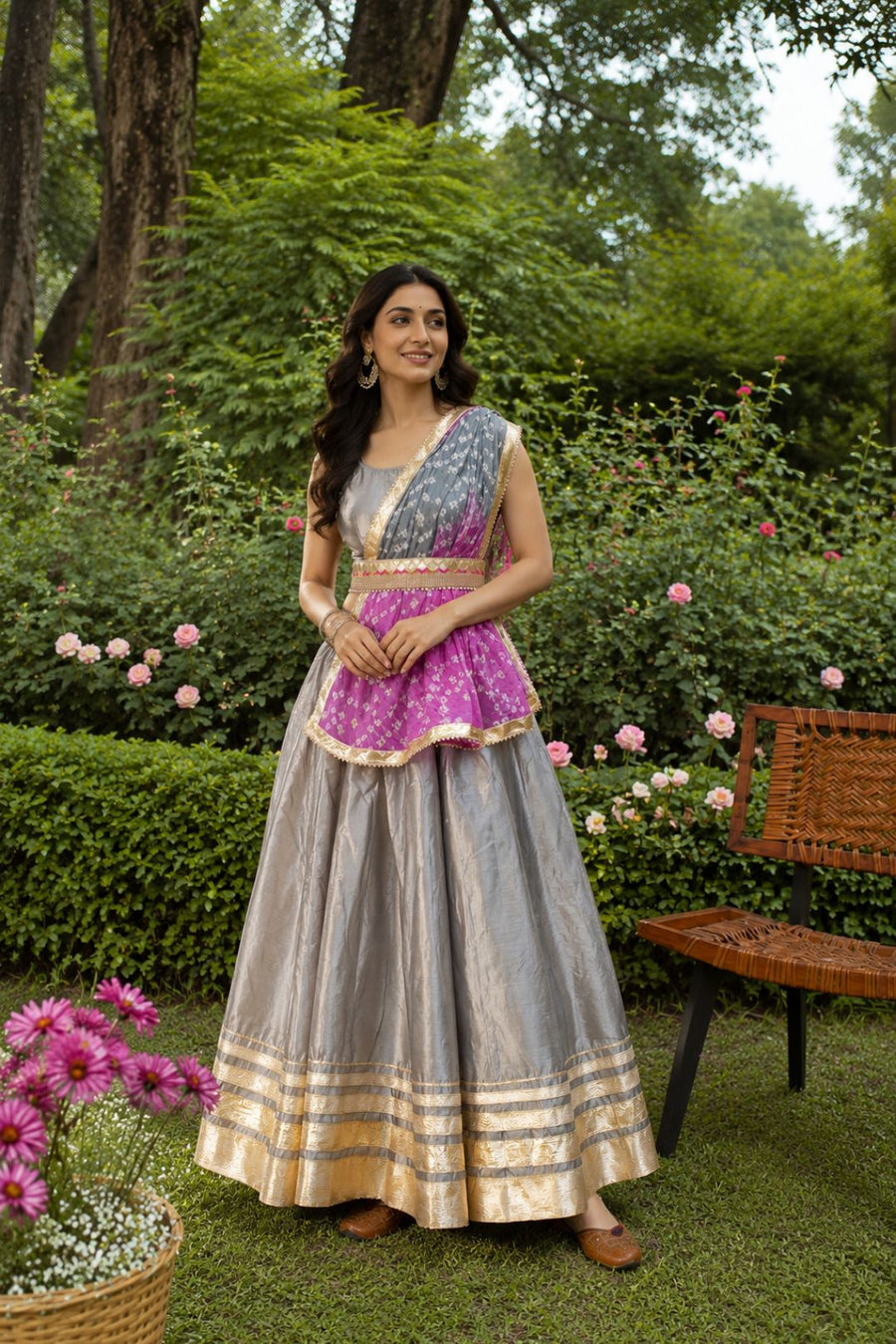 Grey Handcrafted Chanderi Lehenga Set With Gota Work