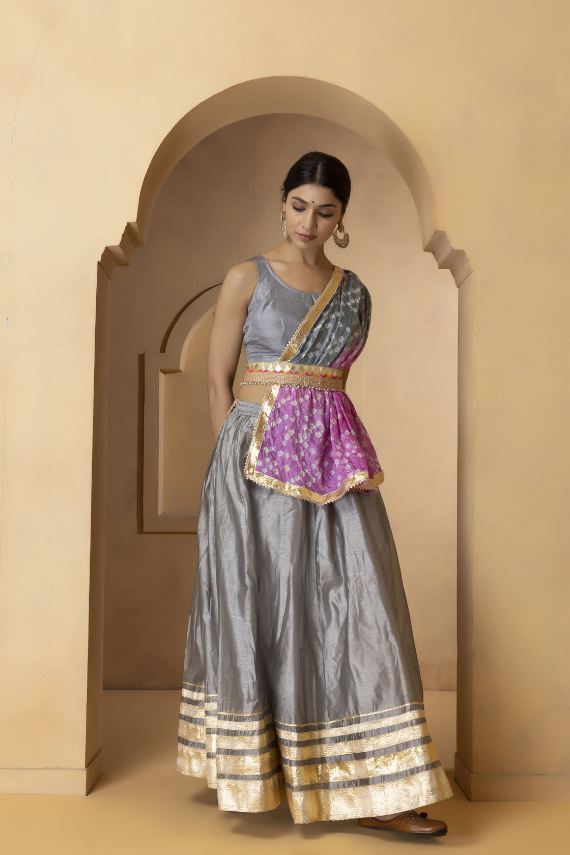 Grey Handcrafted Chanderi Lehenga Set With Gota Work
