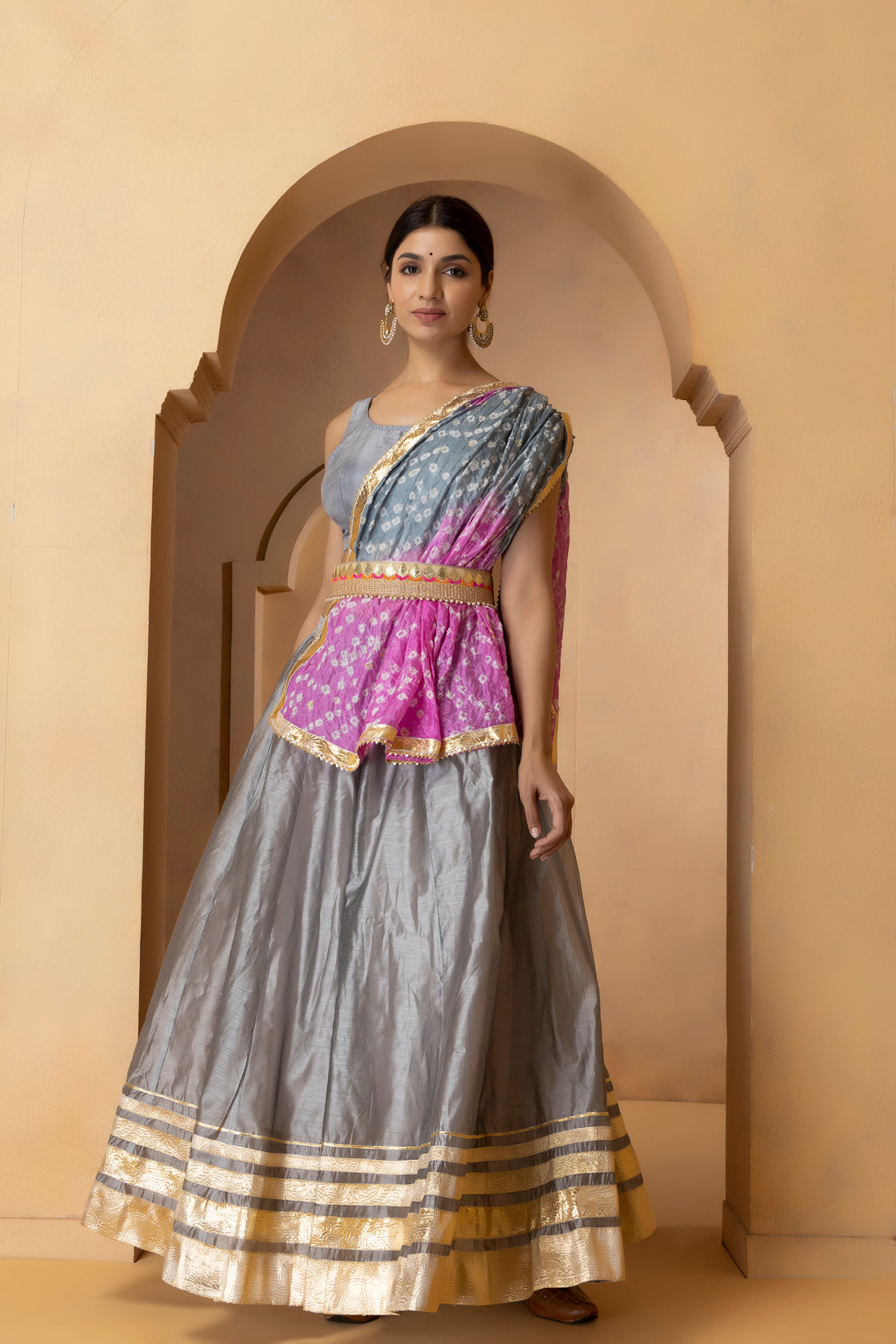 Grey Handcrafted Chanderi Lehenga Set With Gota Work