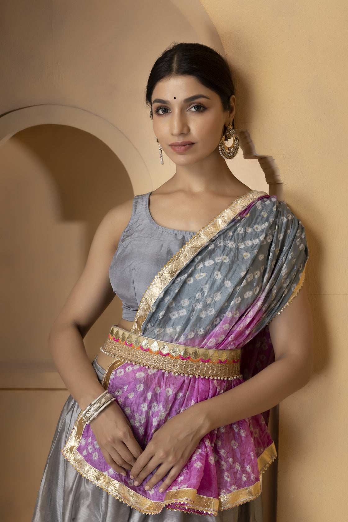 Grey Handcrafted Chanderi Lehenga Set With Gota Work