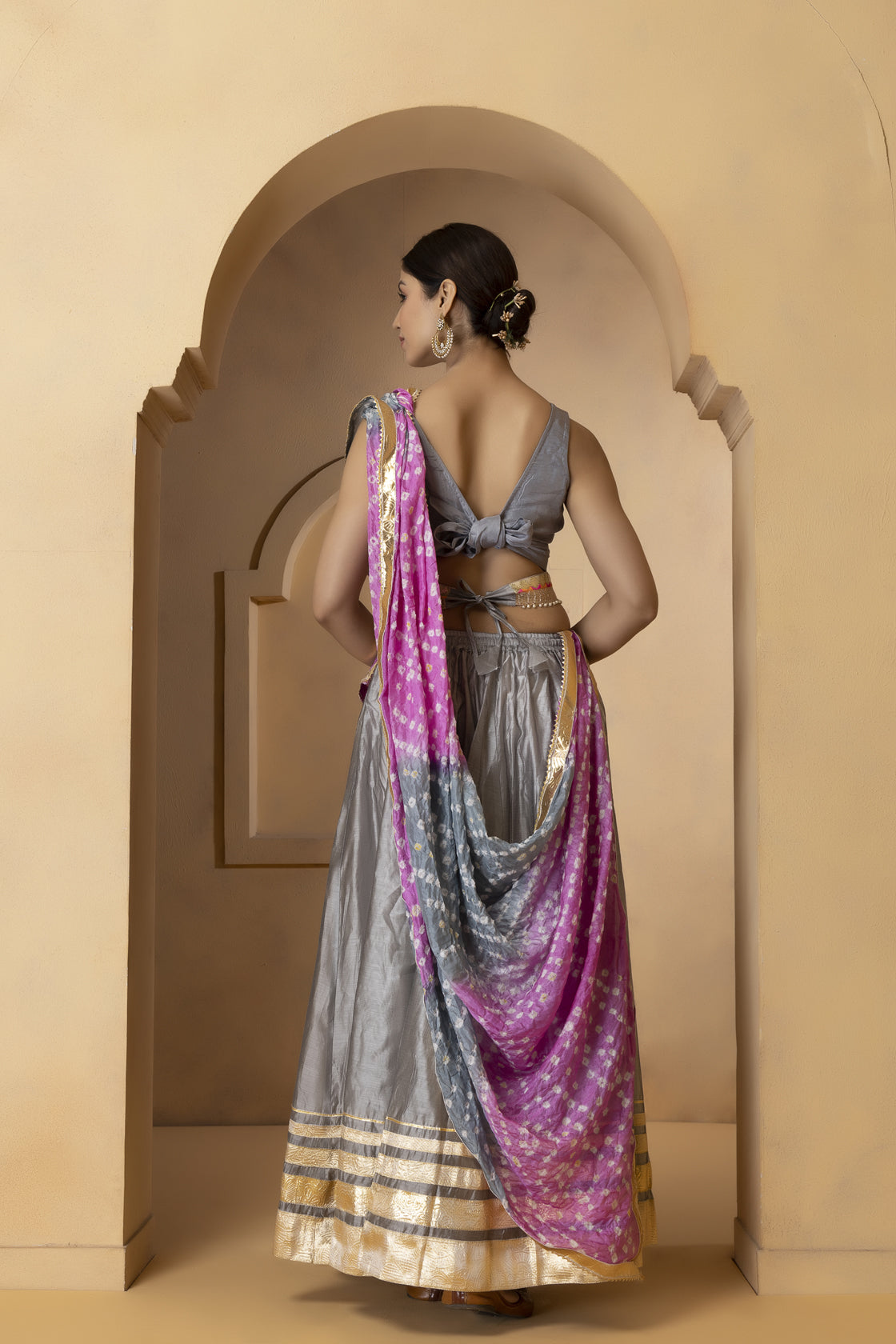 Grey Handcrafted Chanderi Lehenga Set With Gota Work
