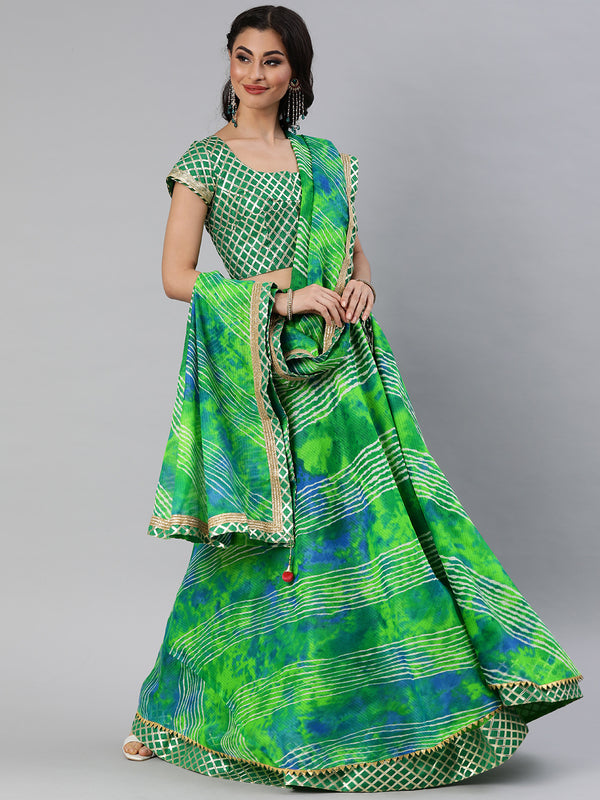Hand Dyed Green Kota Silk Stitched Lehenga With Dupatta