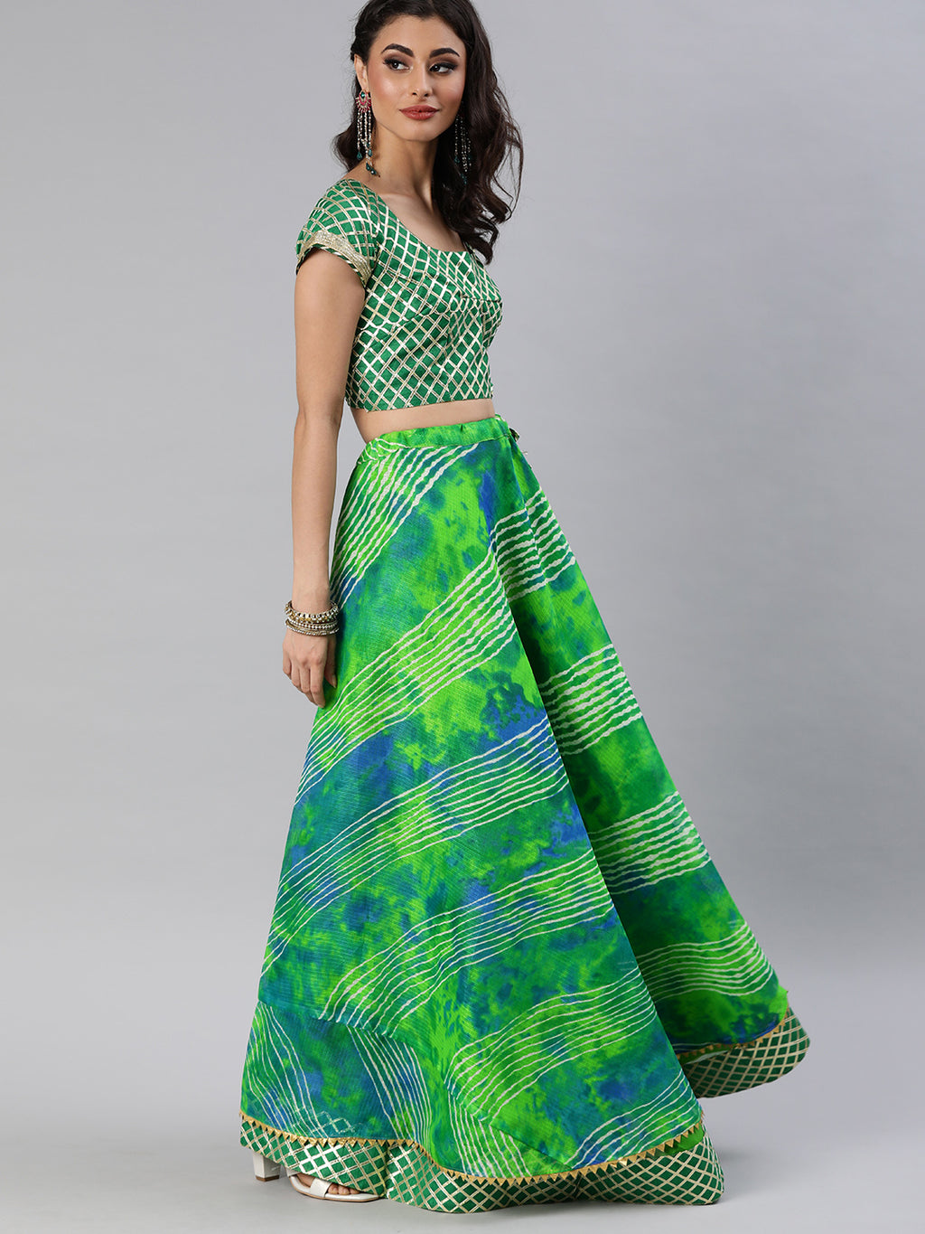 Green Hand Dyed Kota Silk Stitched Lehenga With Dupatta