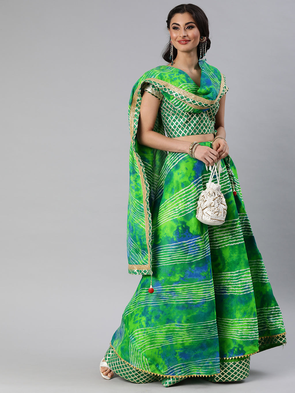 Green Hand Dyed Kota Silk Stitched Lehenga With Dupatta