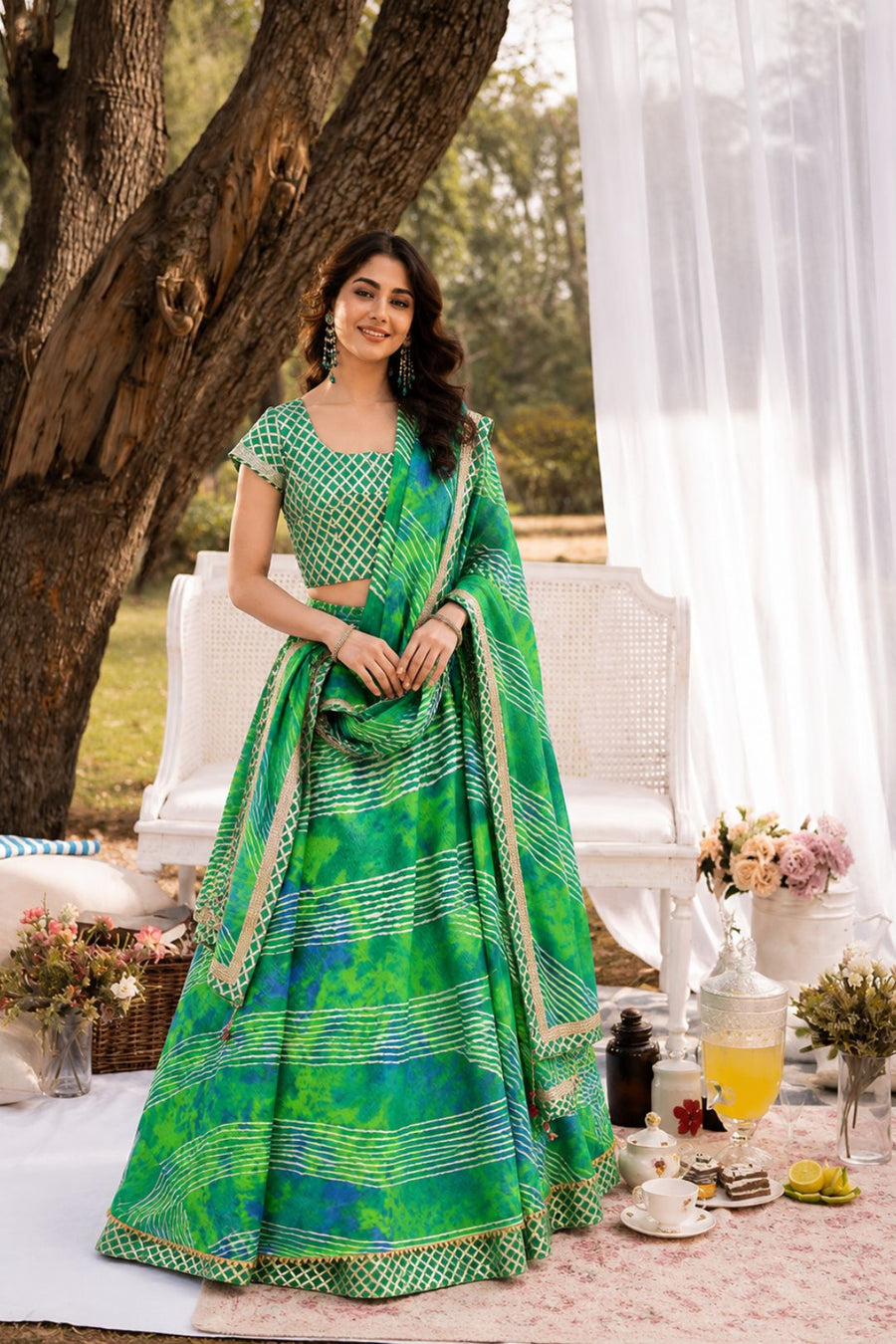 Green Hand Dyed Kota Silk Stitched Lehenga With Dupatta