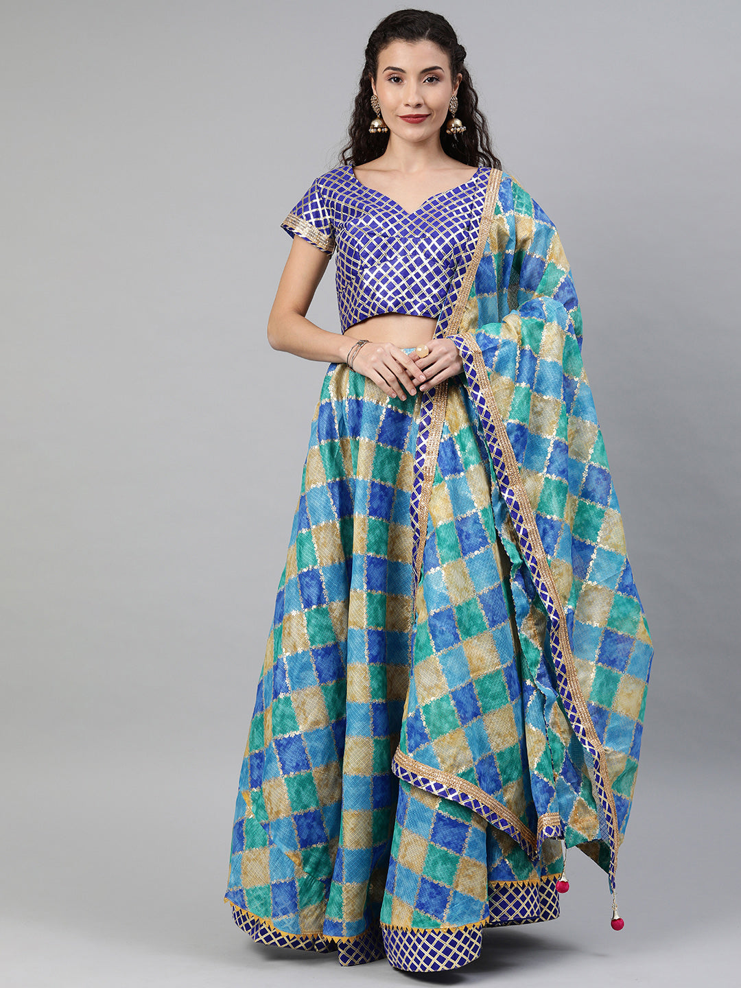 Blue Handcrafted Kota Silk Stitched Lehenga With Dupatta