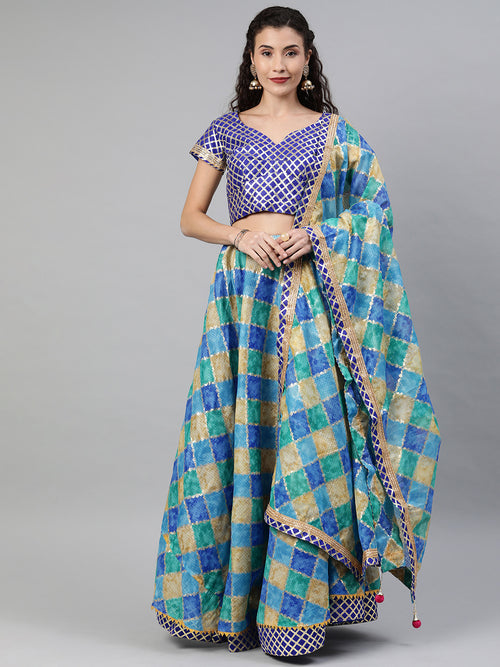 Blue Handcrafted Kota Silk Stitched Lehenga With Dupatta