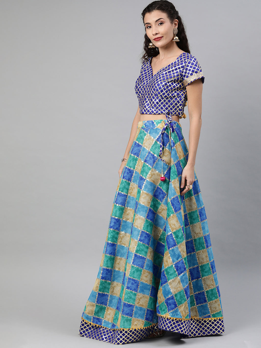 Blue Handcrafted Kota Silk Stitched Lehenga With Dupatta