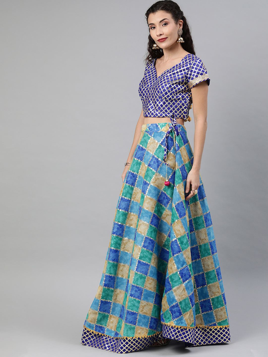 Blue Handcrafted Kota Silk Stitched Lehenga With Dupatta