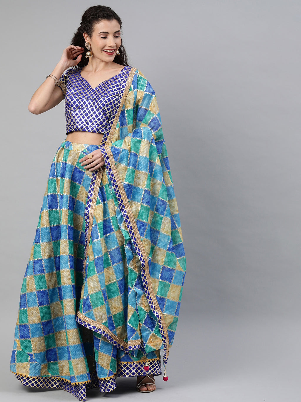 Blue Handcrafted Kota Silk Stitched Lehenga With Dupatta