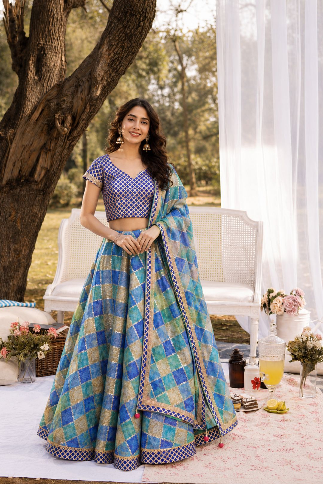 Blue Handcrafted Kota Silk Stitched Lehenga With Dupatta