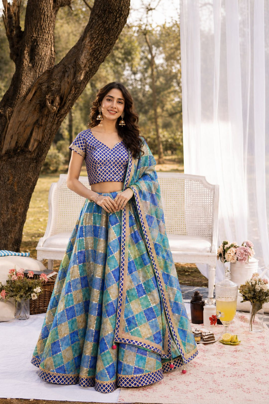 Blue Handcrafted Kota Silk Stitched Lehenga With Dupatta