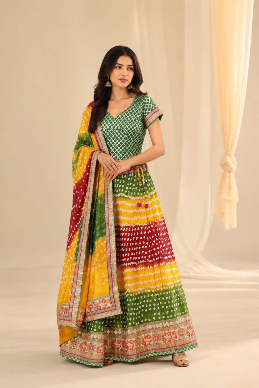 Multicolored Handcrafted Gota Patti Bandhani Lehenga Set