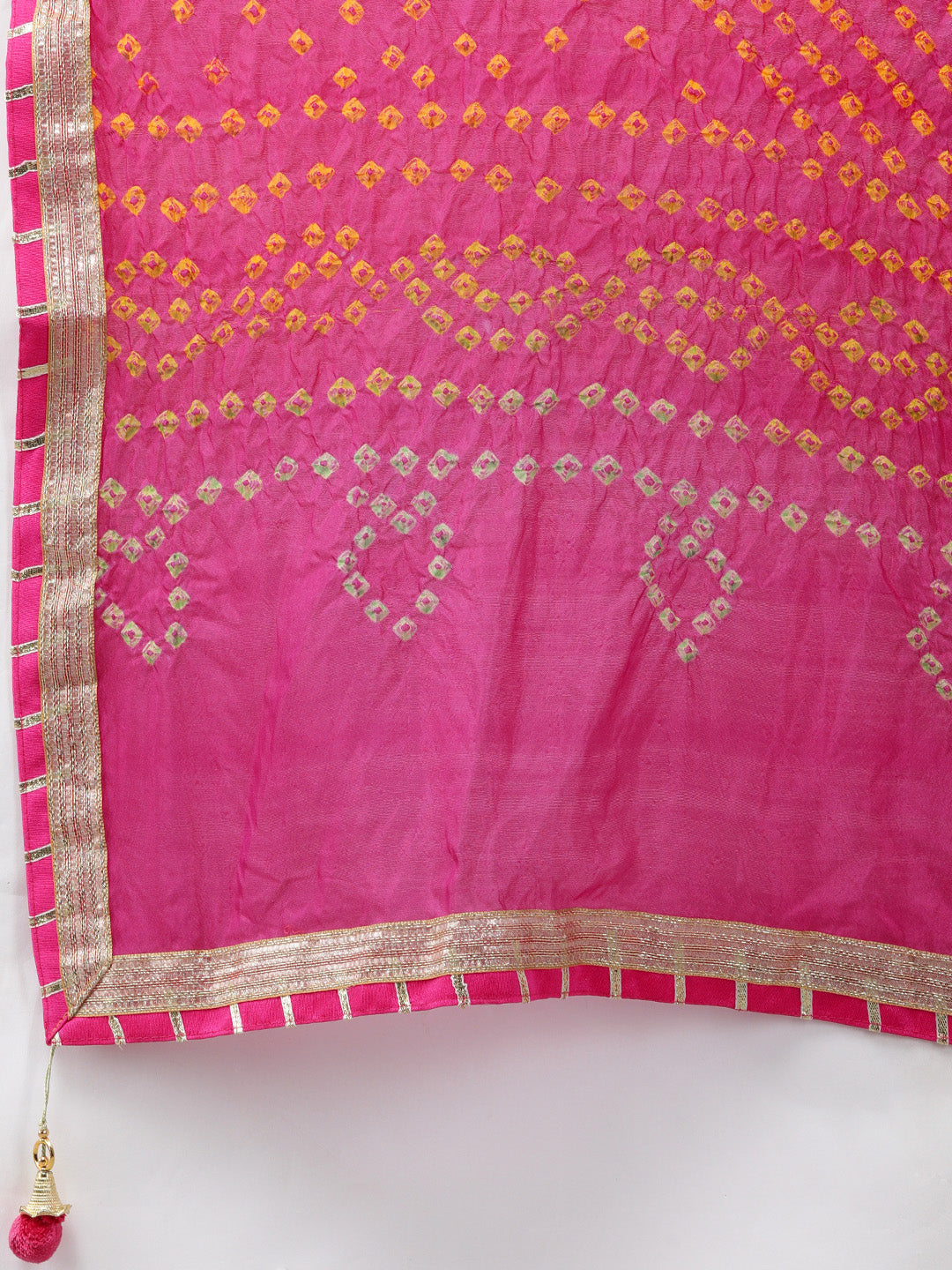 Yellow Handcrafted Kota Silk Bandhani Lehenga Set With Bandhani Dupatta