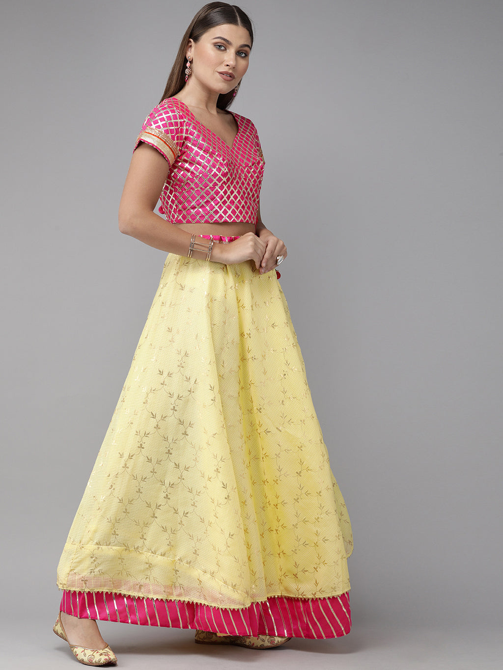 Yellow Handcrafted Kota Silk Bandhani Lehenga Set With Bandhani Dupatta