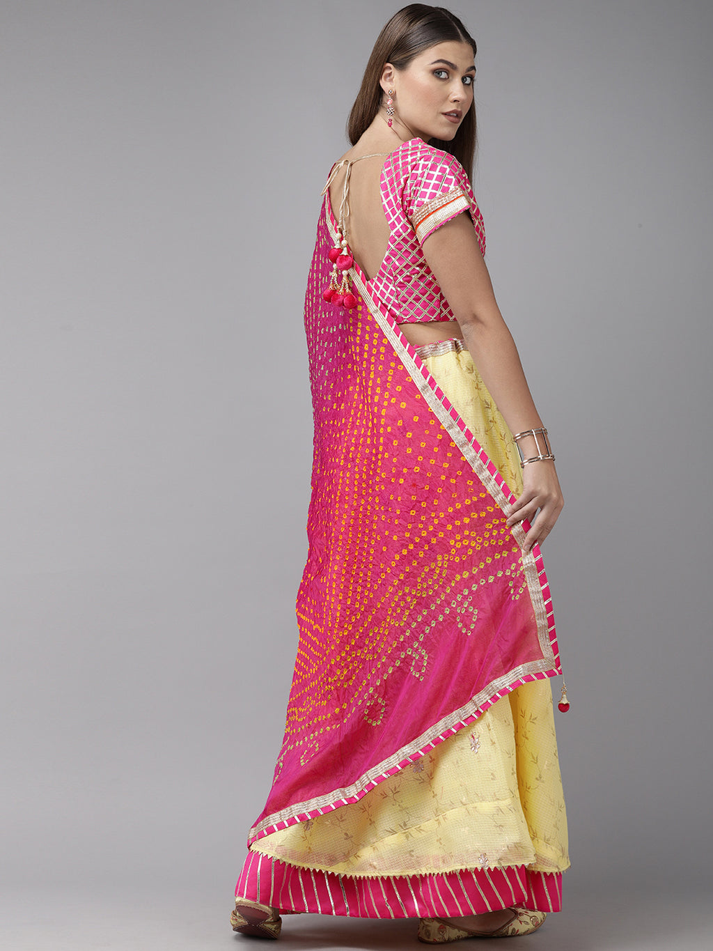 Yellow Handcrafted Kota Silk Bandhani Lehenga Set With Bandhani Dupatta