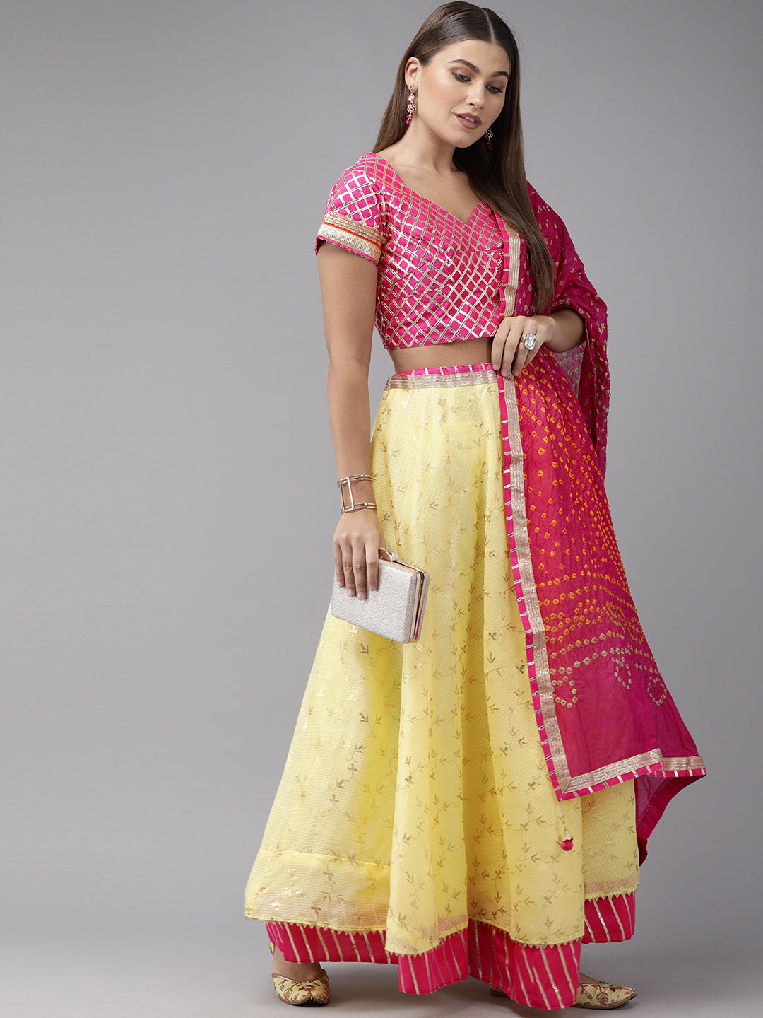 Yellow Handcrafted Kota Silk Bandhani Lehenga Set With Bandhani Dupatta
