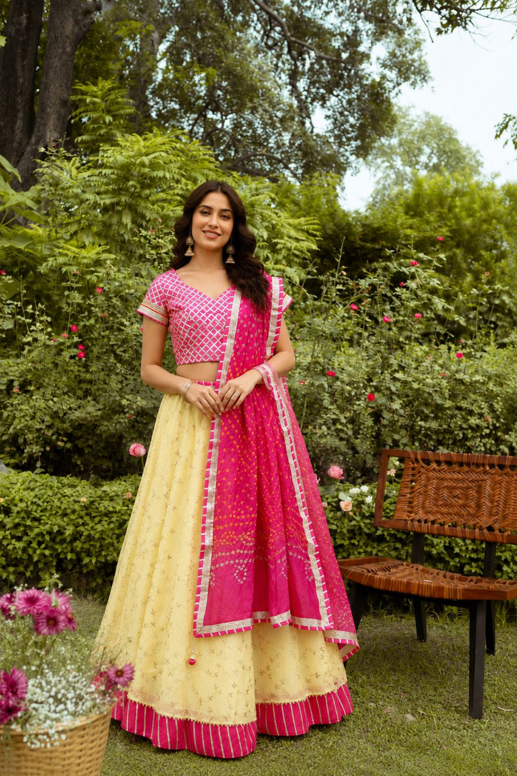 Yellow Handcrafted Kota Silk Bandhani Lehenga Set With Bandhani Dupatta