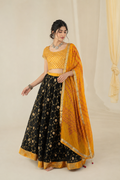 Black Handcrafted Kota Silk Bandhani Lehenga Set With Yellow Bandhani Dupatta