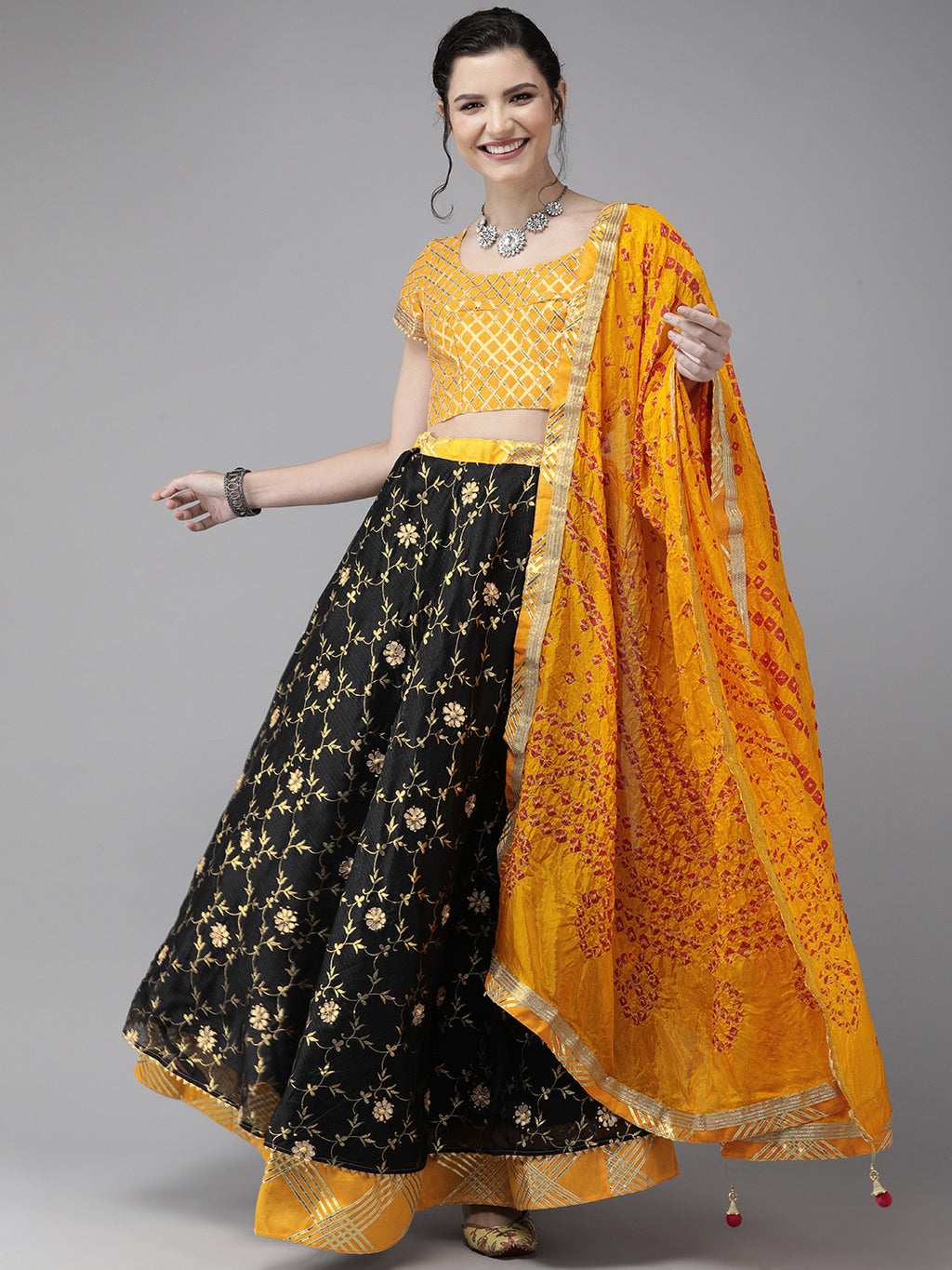 Black Handcrafted Kota Silk Bandhani Lehenga Set With Yellow Bandhani Dupatta