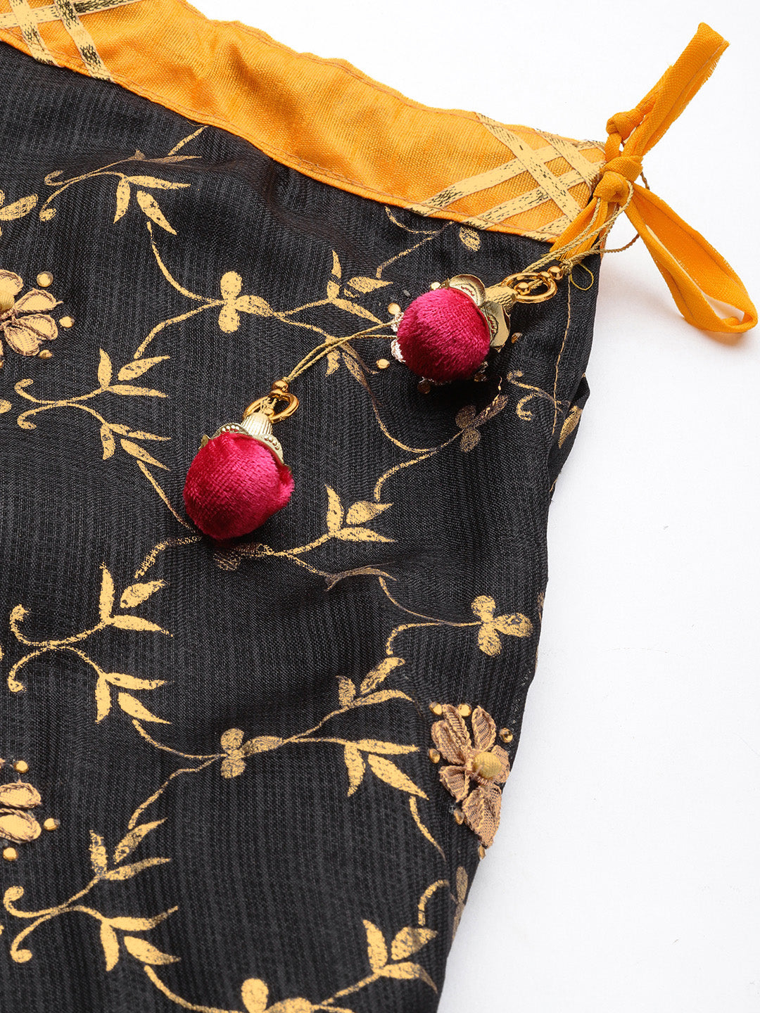 Black Handcrafted Kota Silk Bandhani Lehenga Set With Yellow Bandhani Dupatta
