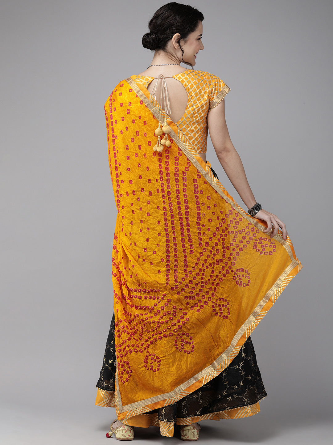 Black Handcrafted Kota Silk Bandhani Lehenga Set With Yellow Bandhani Dupatta