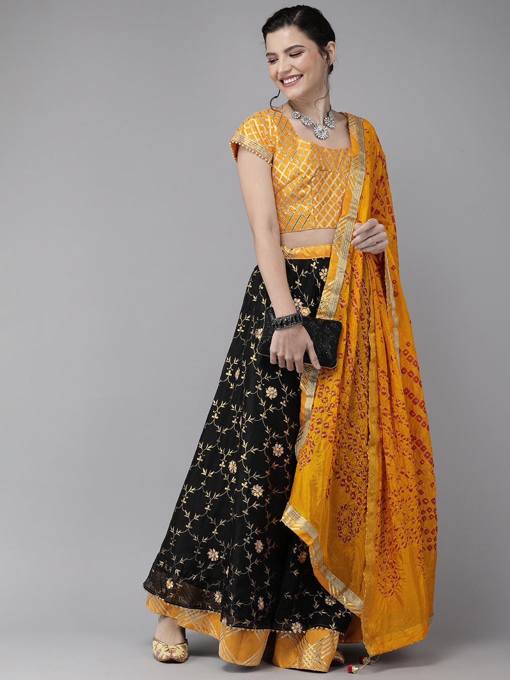 Black Handcrafted Kota Silk Bandhani Lehenga Set With Yellow Bandhani Dupatta