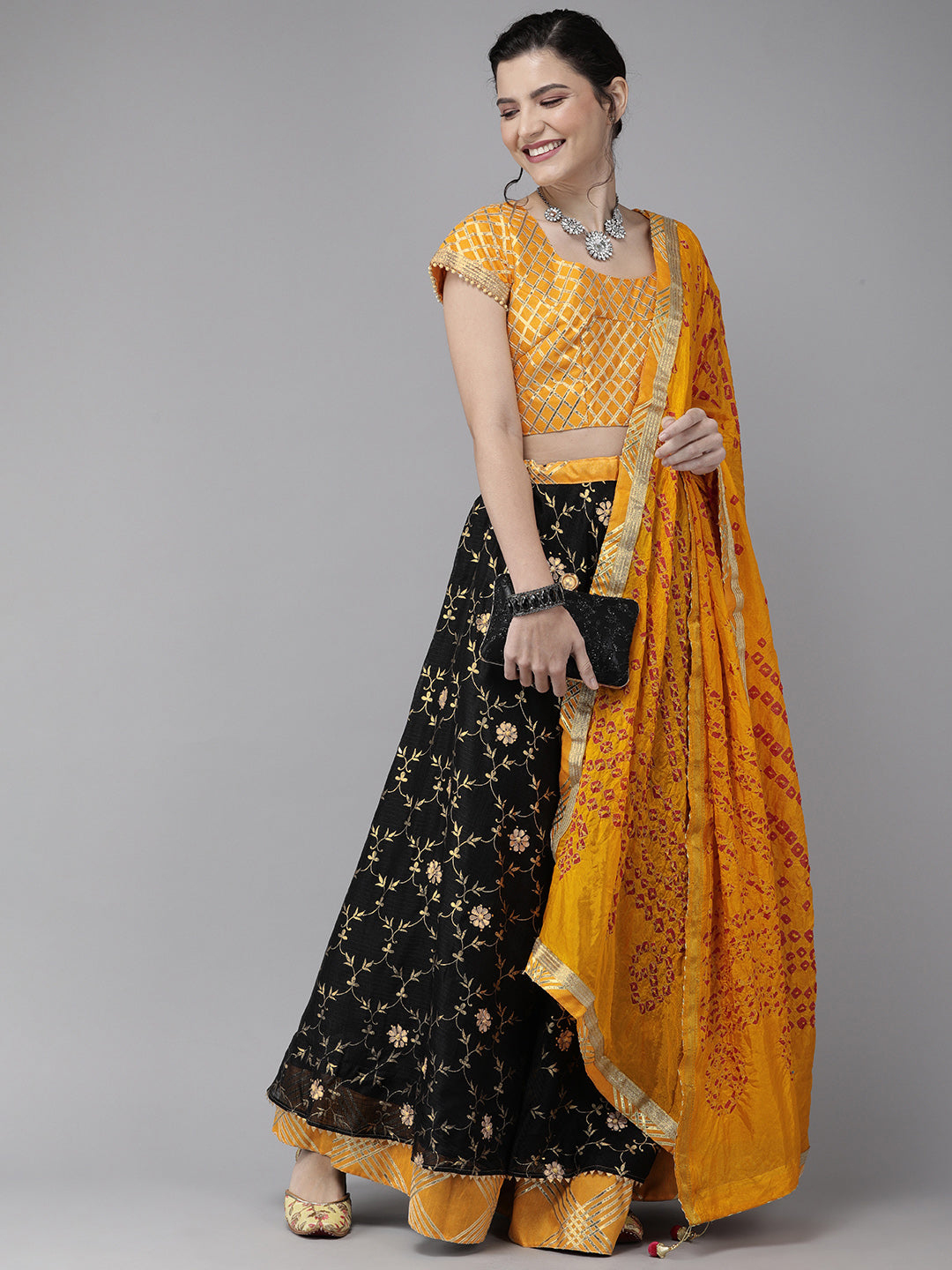 Black Handcrafted Kota Silk Bandhani Lehenga Set With Yellow Bandhani Dupatta