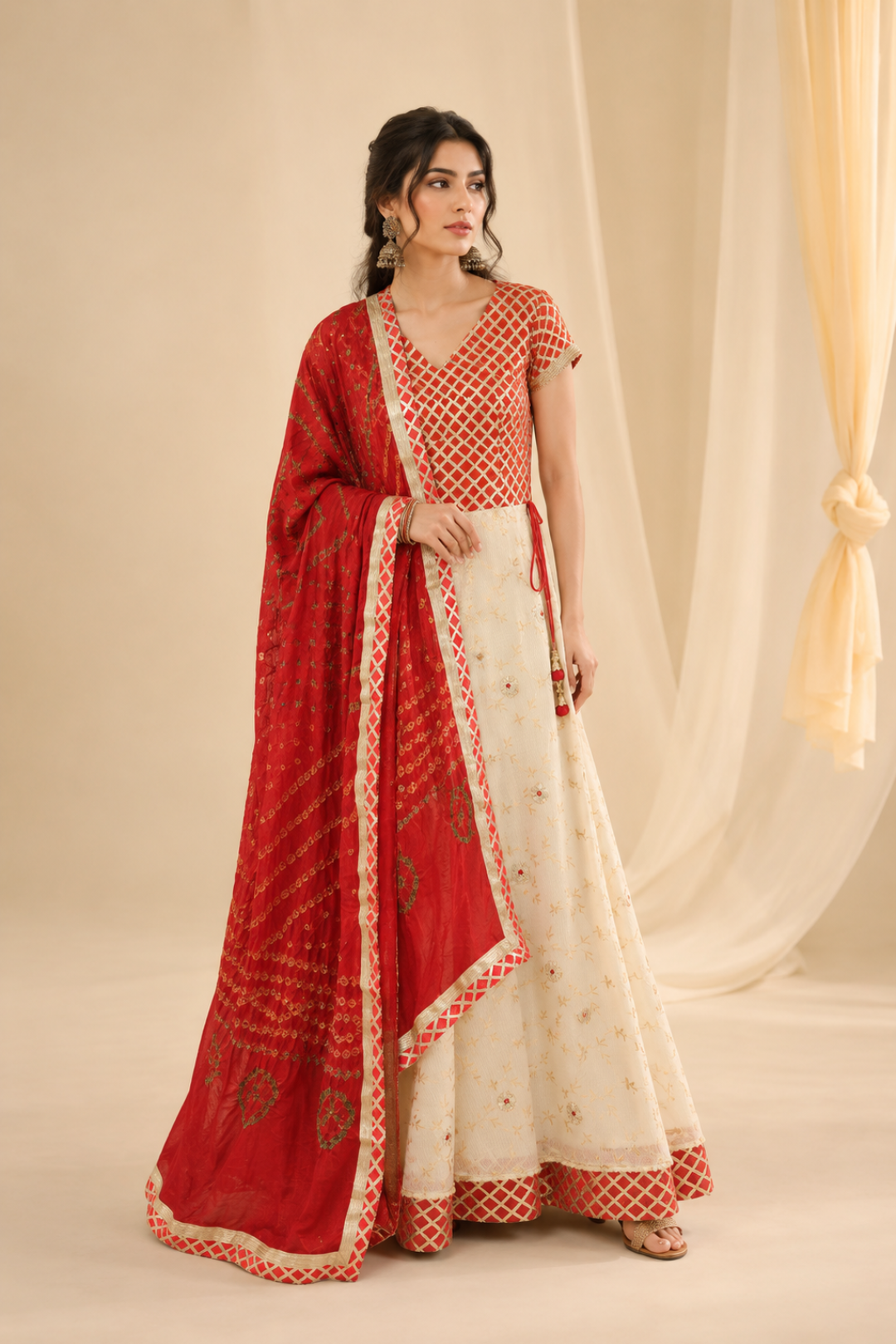 White Handcrafted Kota Silk Bandhani Lehenga Set With Red Bandhani Dupatta