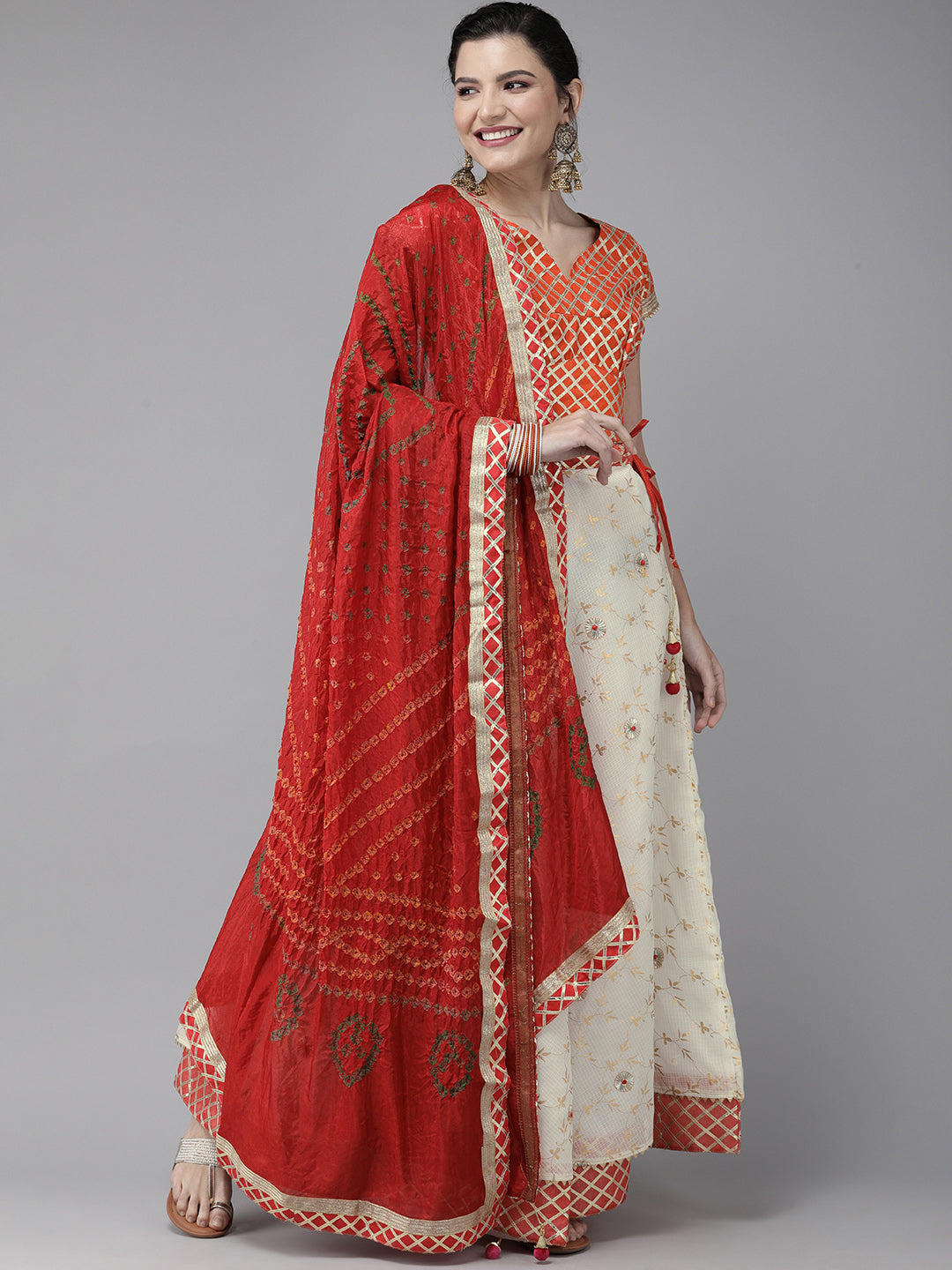 White Handcrafted Kota Silk Bandhani Lehenga Set With Red Bandhani Dupatta