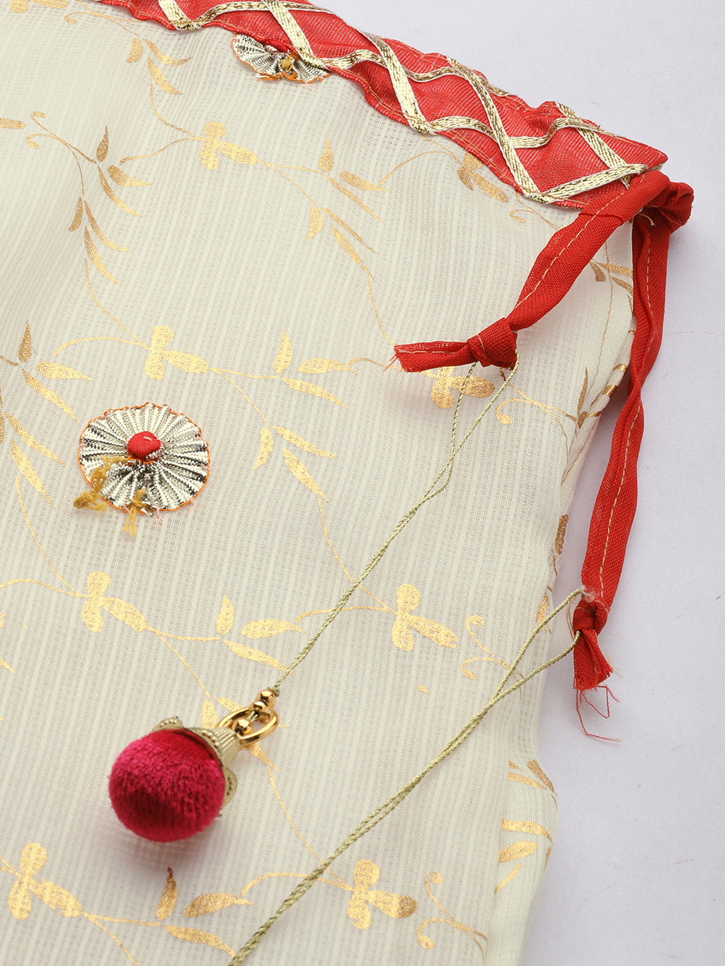 White Handcrafted Kota Silk Bandhani Lehenga Set With Red Bandhani Dupatta