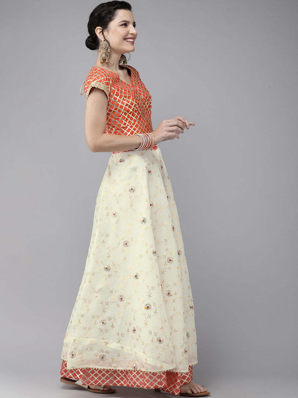 White Handcrafted Kota Silk Bandhani Lehenga Set With Red Bandhani Dupatta