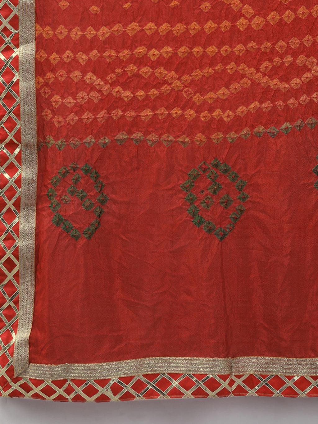 White Handcrafted Kota Silk Bandhani Lehenga Set With Red Bandhani Dupatta