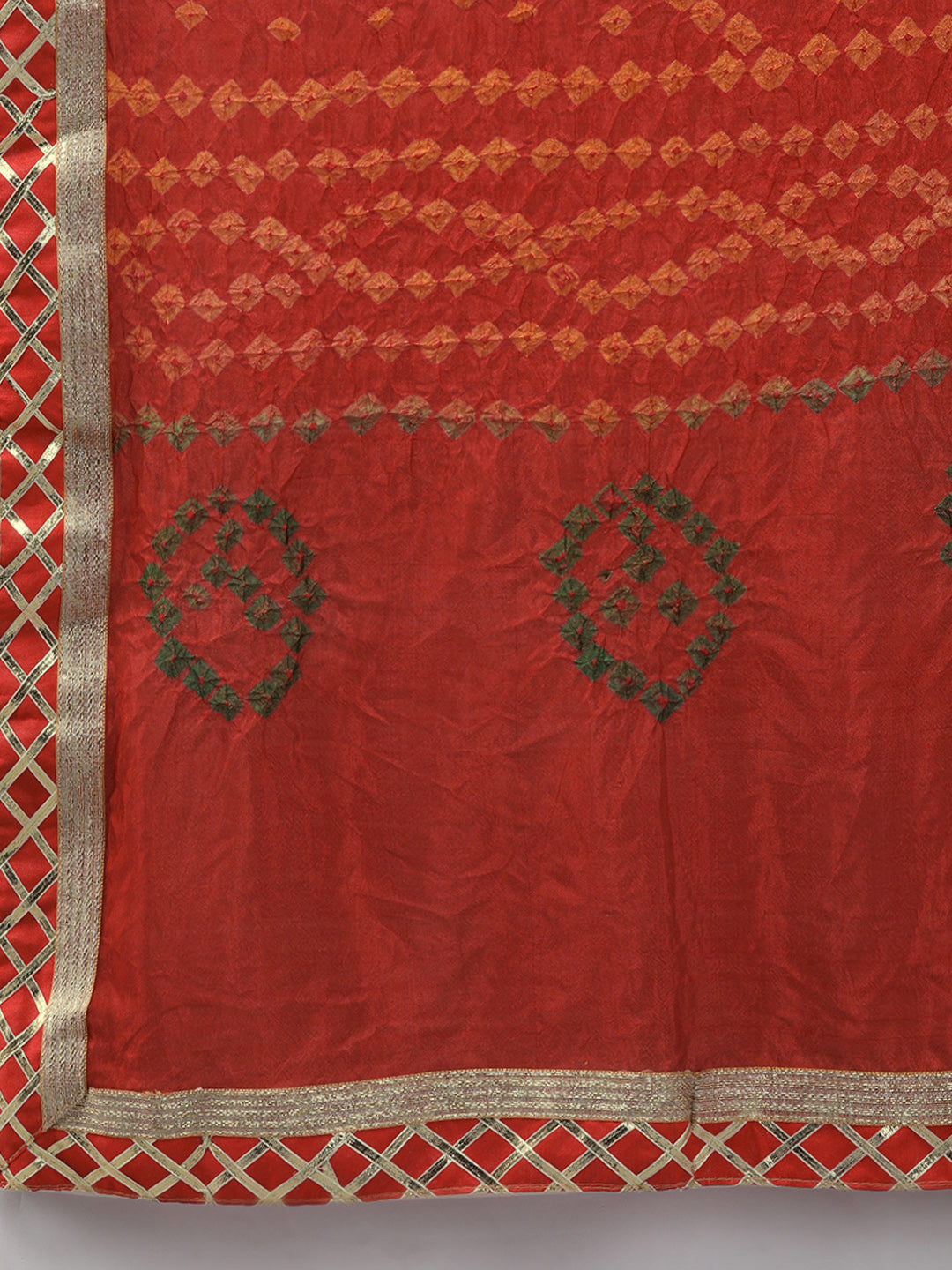 White Handcrafted Kota Silk Bandhani Lehenga Set With Red Bandhani Dupatta