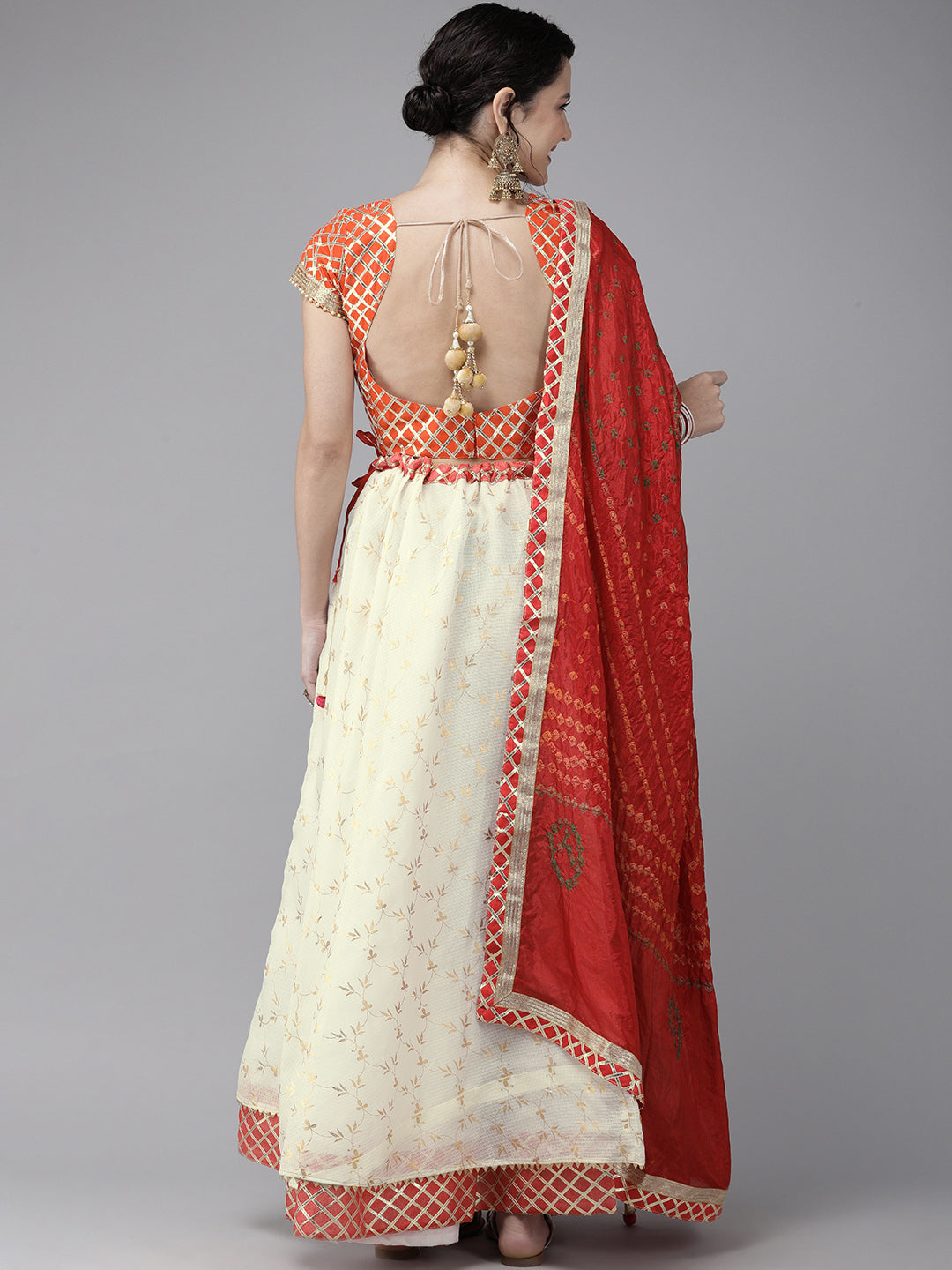 White Handcrafted Kota Silk Bandhani Lehenga Set With Red Bandhani Dupatta