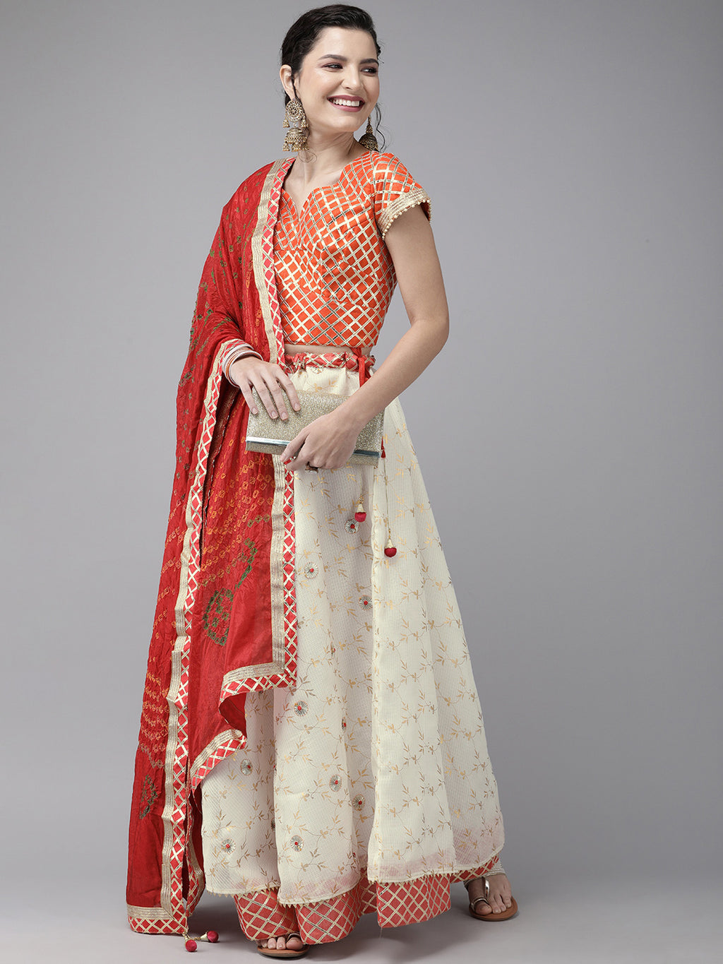 White Handcrafted Kota Silk Bandhani Lehenga Set With Red Bandhani Dupatta