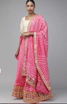 Pink Bandhani Patchwork Art Silk Lehenga Set With Dupatta