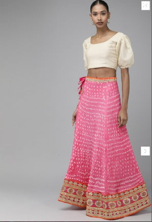 Pink Bandhani Patchwork Art Silk Lehenga Set With Dupatta